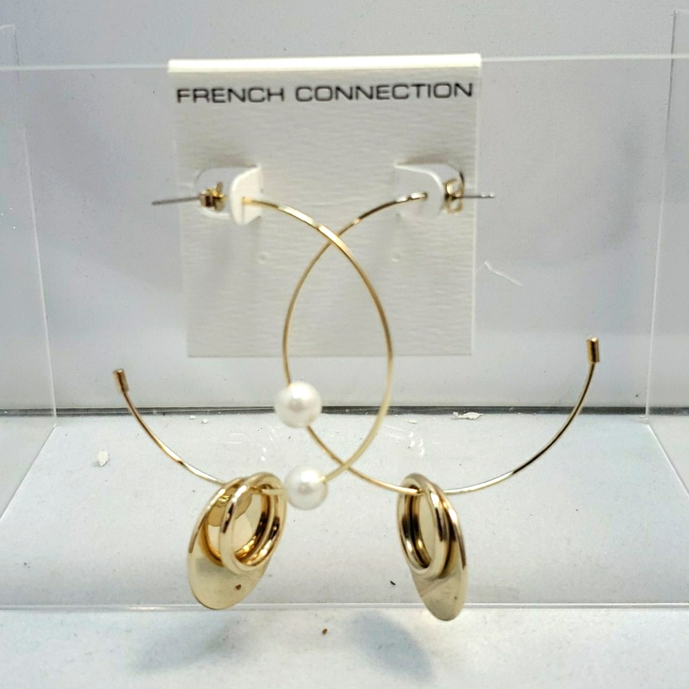 French Connection Pearl Disc Hoop Earrings (Gold)